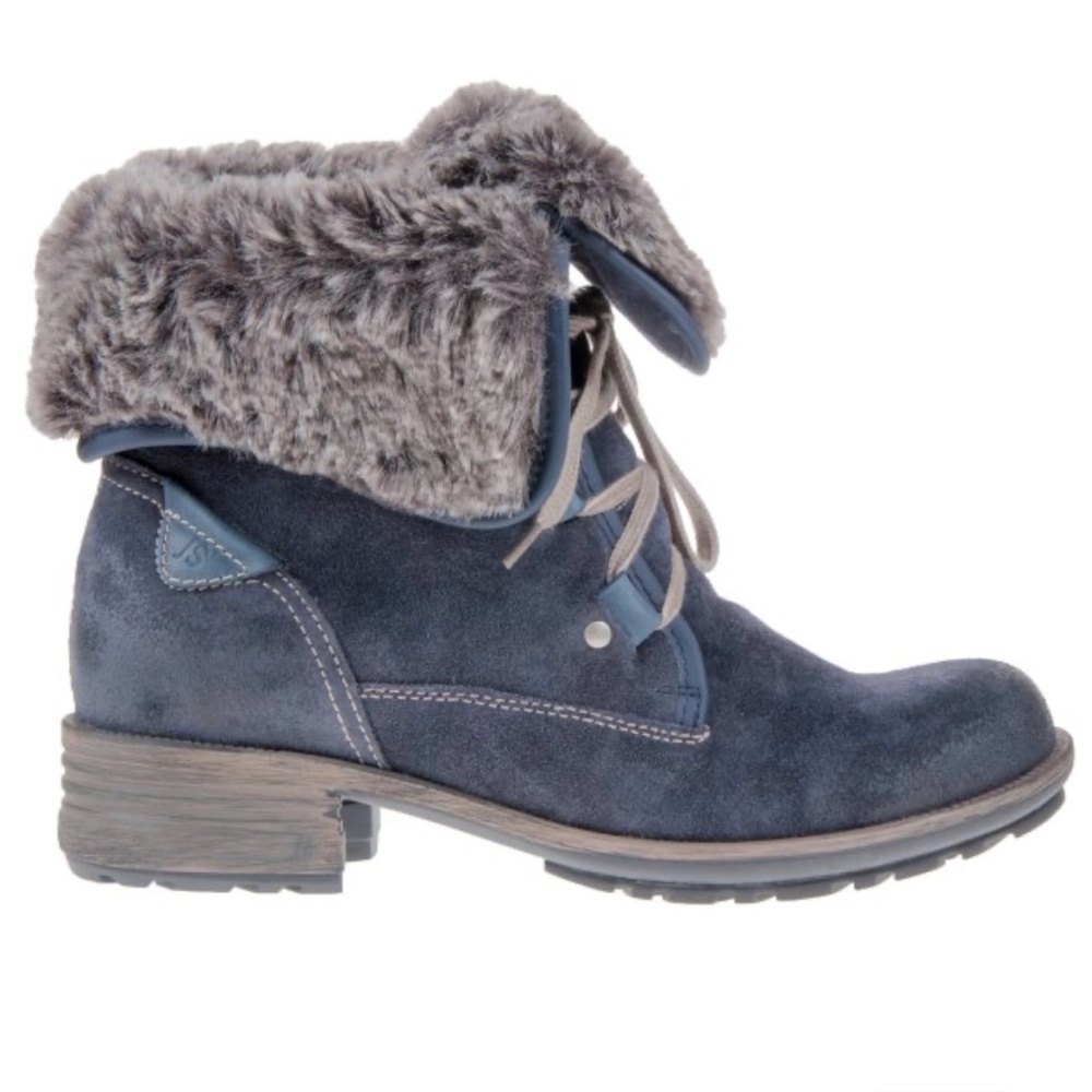 Josef Siebel Sandra Faux Fur Suede Boots 40 US 9 Navy Blue Lace Up Winter Fold